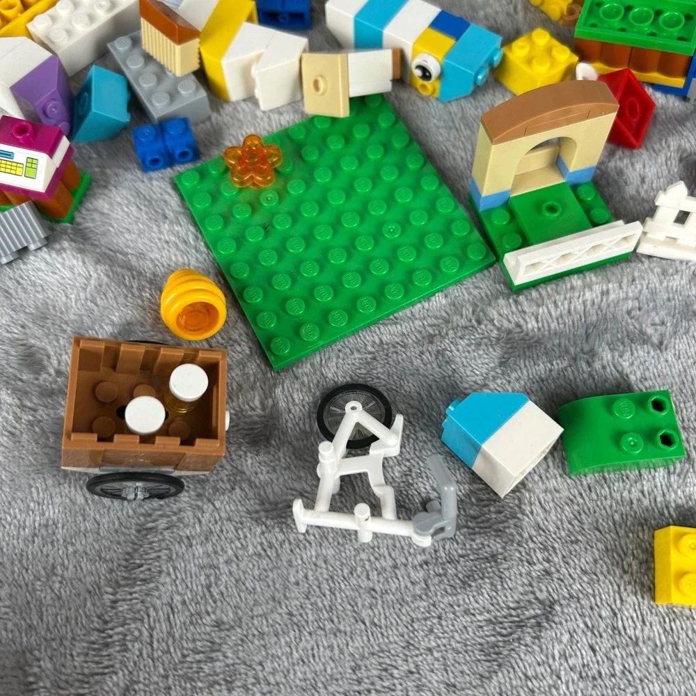 Vintage LEGO Lot Mixed Bricks Baseplates Bicycle Cart Picket Fence Pieces